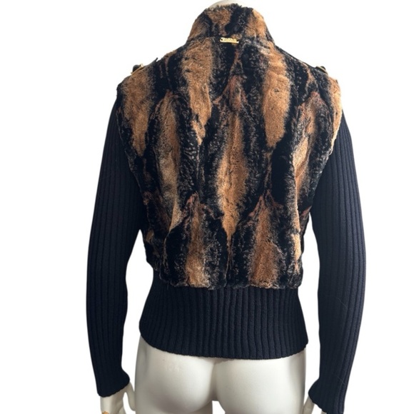 ST. JOHN Leather Trimmed Faux Fur Luxury Knit Jacket Black Tan Size Small - Picture 13 of 15